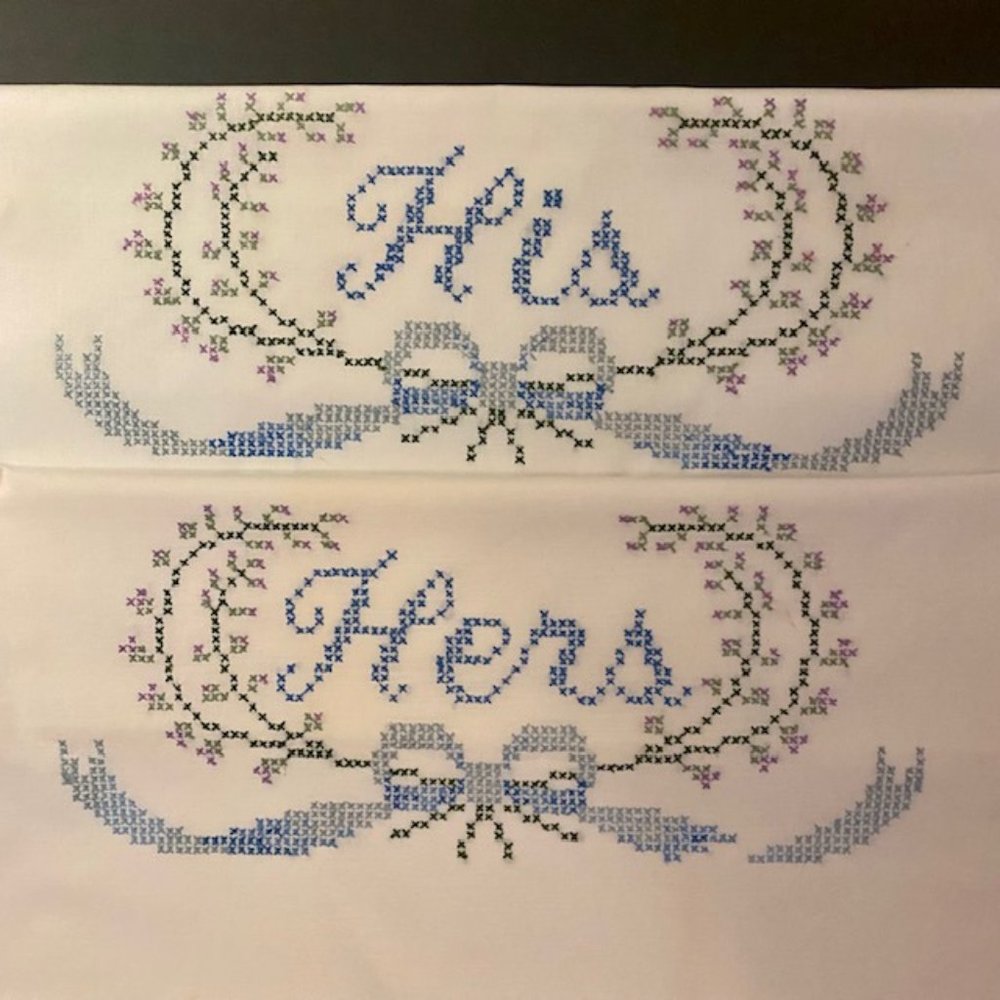 Pillowcases Set of Two His and Hers Cross Stitched Wedding Gift Bridal Shower